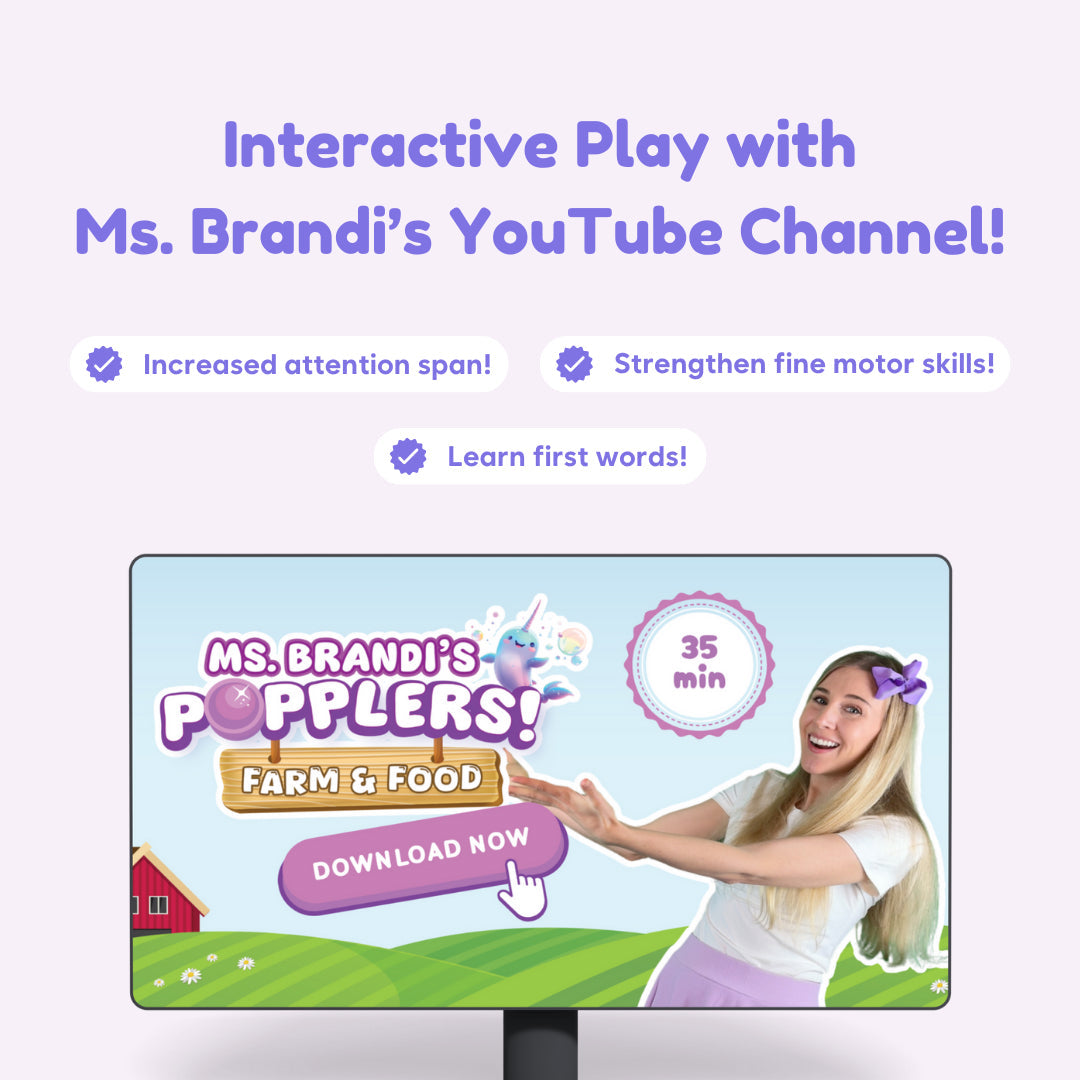 A monitor displays a video of a woman with a purple bow presenting the Squishyland + Popplers Bundle alongside a 35-minute timer, noting how these learning games improve attention span and fine motor skills.