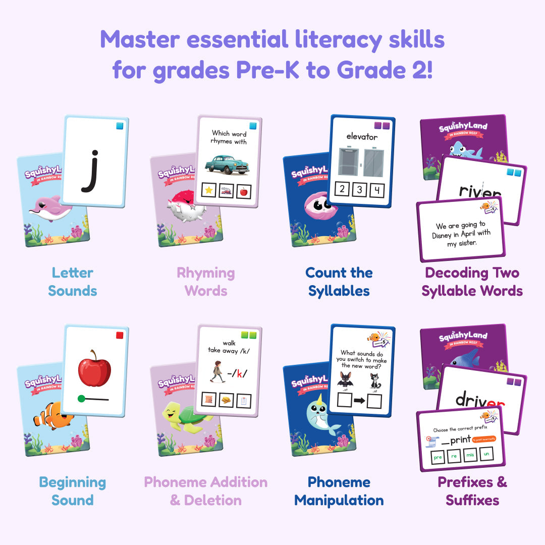 Squishyland + Popplers Bundle educational phonics card game set featuring eight categories of literacy skills for Pre-K to grade 2, including letter sounds, rhyming, syllables, decoding, beginning sounds, and phoneme manipulation.