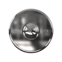 A shiny, circular ONO Scroller Steel with a central raised dome reflects a room with windows and furniture. Two small horizontal slots are located on each side of the dome.
