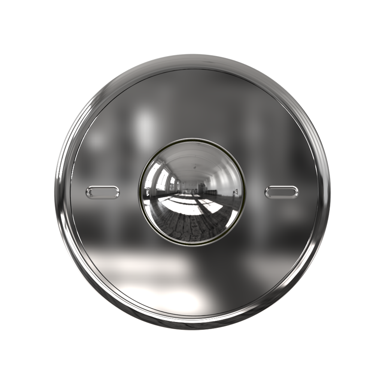 A shiny, circular ONO Scroller Steel with a central raised dome reflects a room with windows and furniture. Two small horizontal slots are located on each side of the dome.