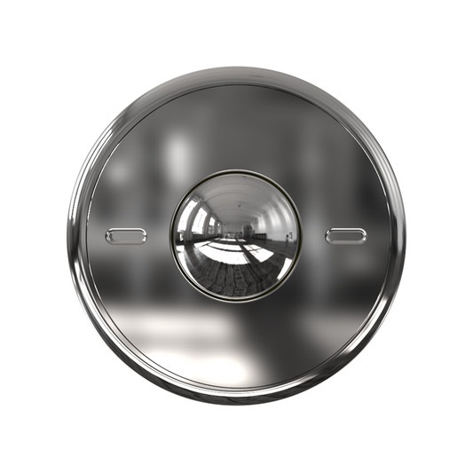 A shiny, circular ONO Scroller Steel with a central raised dome reflects a room with windows and furniture. Two small horizontal slots are located on each side of the dome.