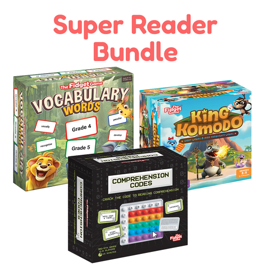 Three boxes from the Super Reader Game Bundle titled Vocabulary Words, King Komodo, and Comprehension Codes.