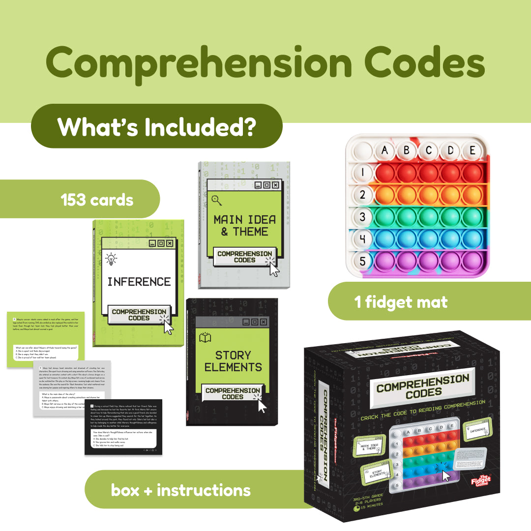 Super Reader Game Bundle featuring a deck of 153 prompt cards, three topic card boxes, a colorful grid fidget mat, and the boxed kit designed for young readers.