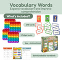 Super Reader Game Bundle containing four multicolored bubble fidget mats, 249 vocabulary word cards, the game box, and a printable workbook with study pages.