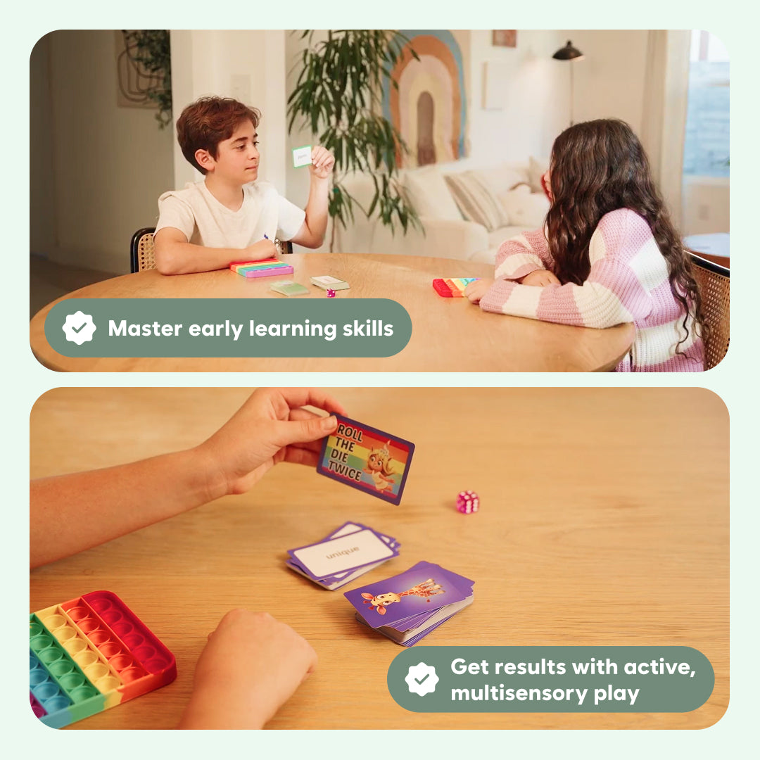 Two children play the Super Reader Game Bundle at a table, with a close-up showing hands holding a card that reads Roll the dice twice next to a pop-it sensory toy and a deck of word cards.