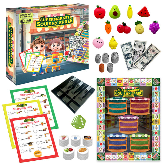 The Supermarket Squishy Spree Money Game includes a game board, paper money, plastic coins, fruit and vegetable squishy toys, shopping lists, tokens, and a die for counting money in a pretend market.