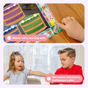 A child’s finger moves a small yellow chick figure across a Supermarket Squishy Spree Money Game board used for counting dollars and coins, while a boy and girl play with the learning game together.