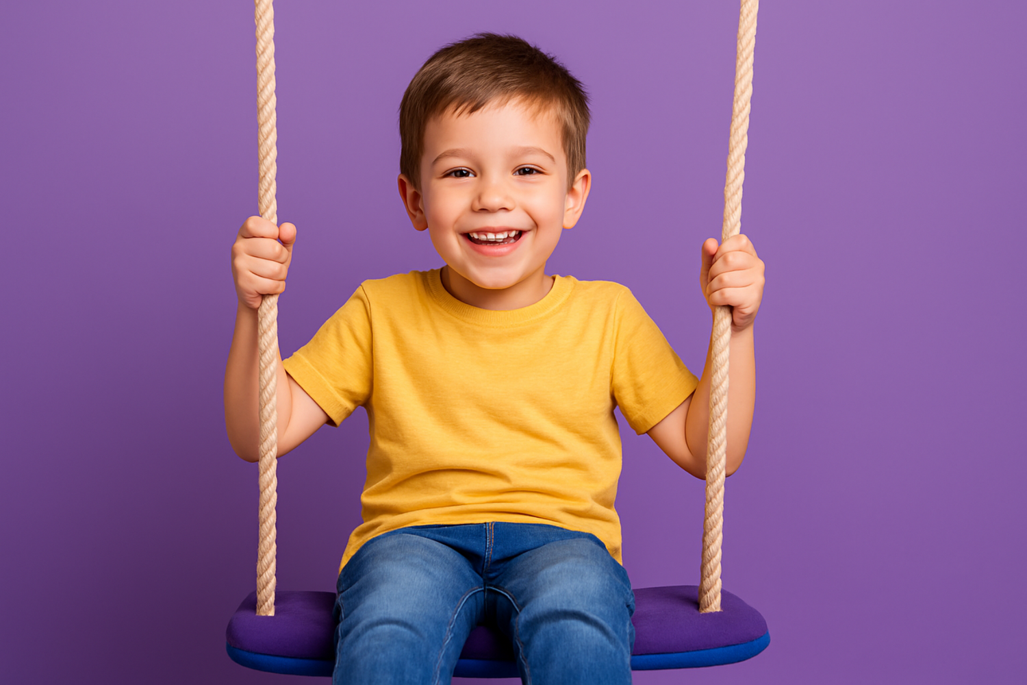 Child in a yellow shirt sitting on a swing against a purple background