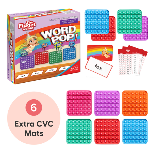 Word Pop! + Extra CVC Mats includes a game box for blending letter sounds, colorful bubble-popping letter mats, alphabet cards, and a chart listing CVC words for fidget learning games.