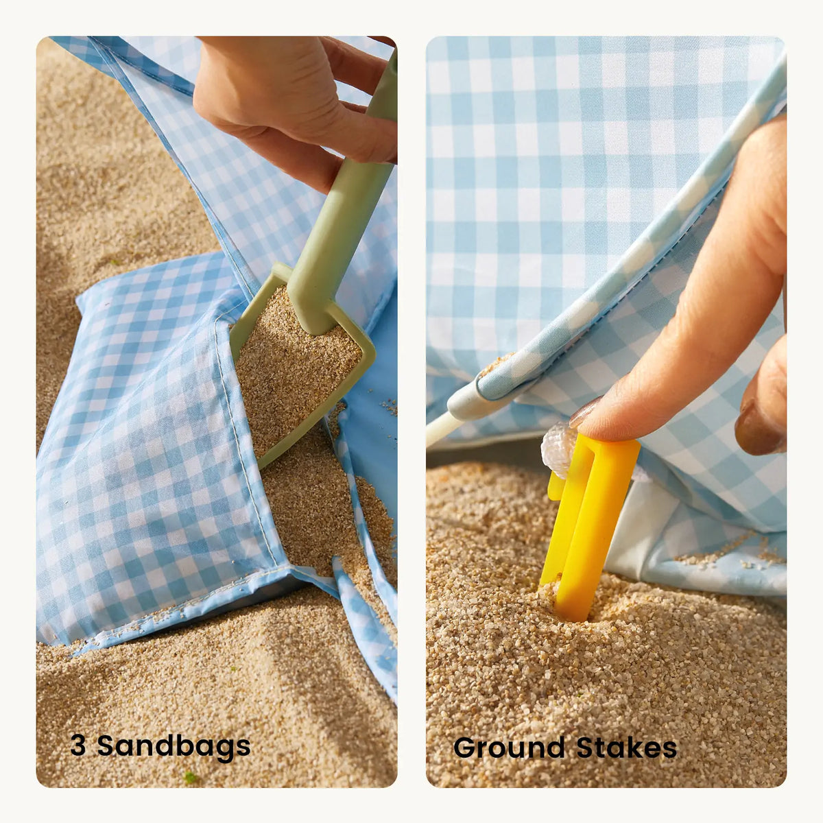 A split image shows a hand using a scoop to fill a blue and white checkered sandbag and a hand pushing a yellow ground stake into the sand to secure a Kids Beach Tent & Sand Toy Set.