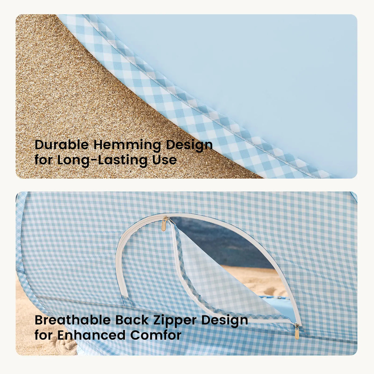 Two panels of a blue and white checkered Kids Beach Tent & Sand Toy Set: the top panel highlights the hemmed edge, and the bottom panel shows an open zippered circular vent.