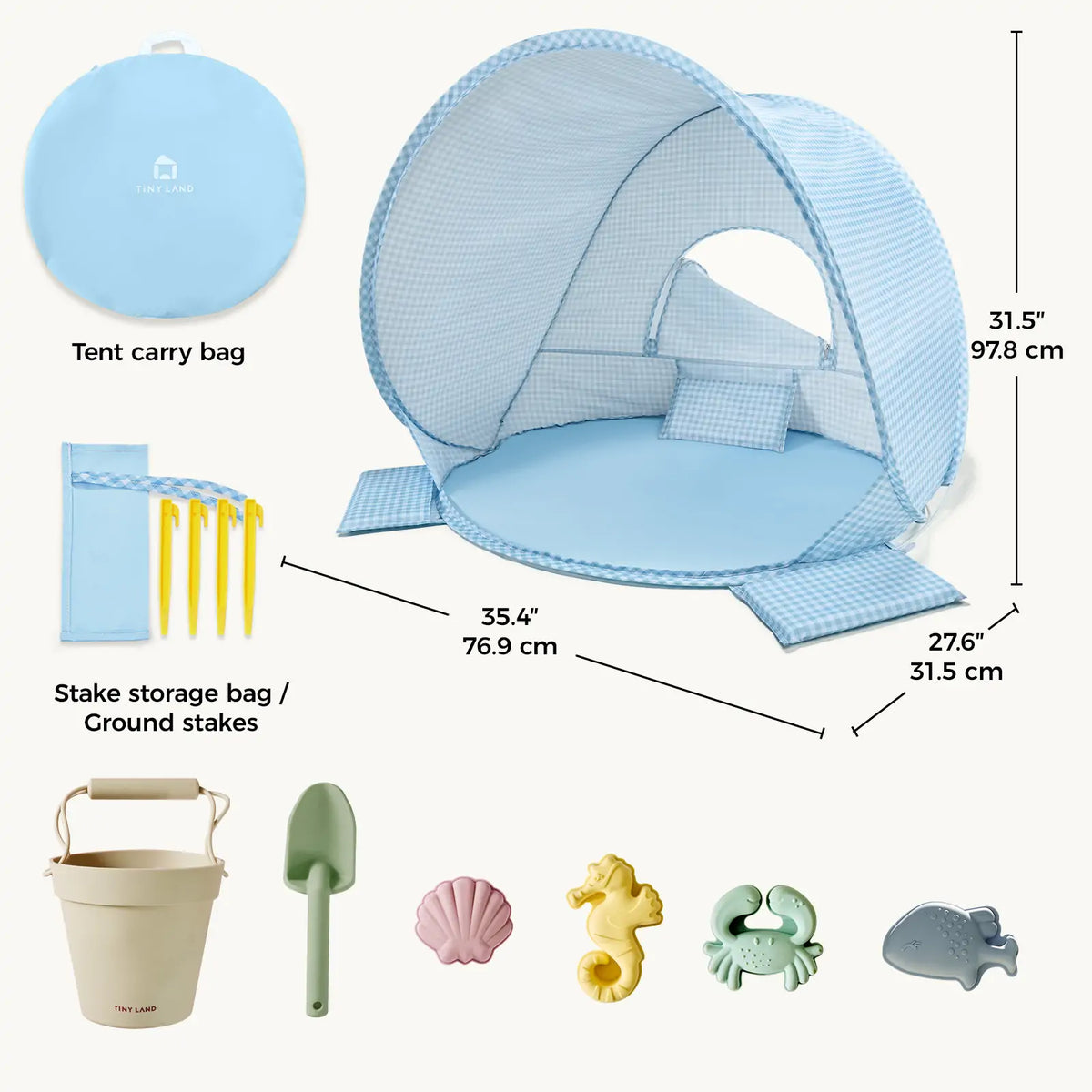 Kids Beach Tent & Sand Toy Set featuring a pop-up tent with dimensions, a carry bag, four ground stakes, a bucket, a shovel, and four sea-creature-shaped toys.