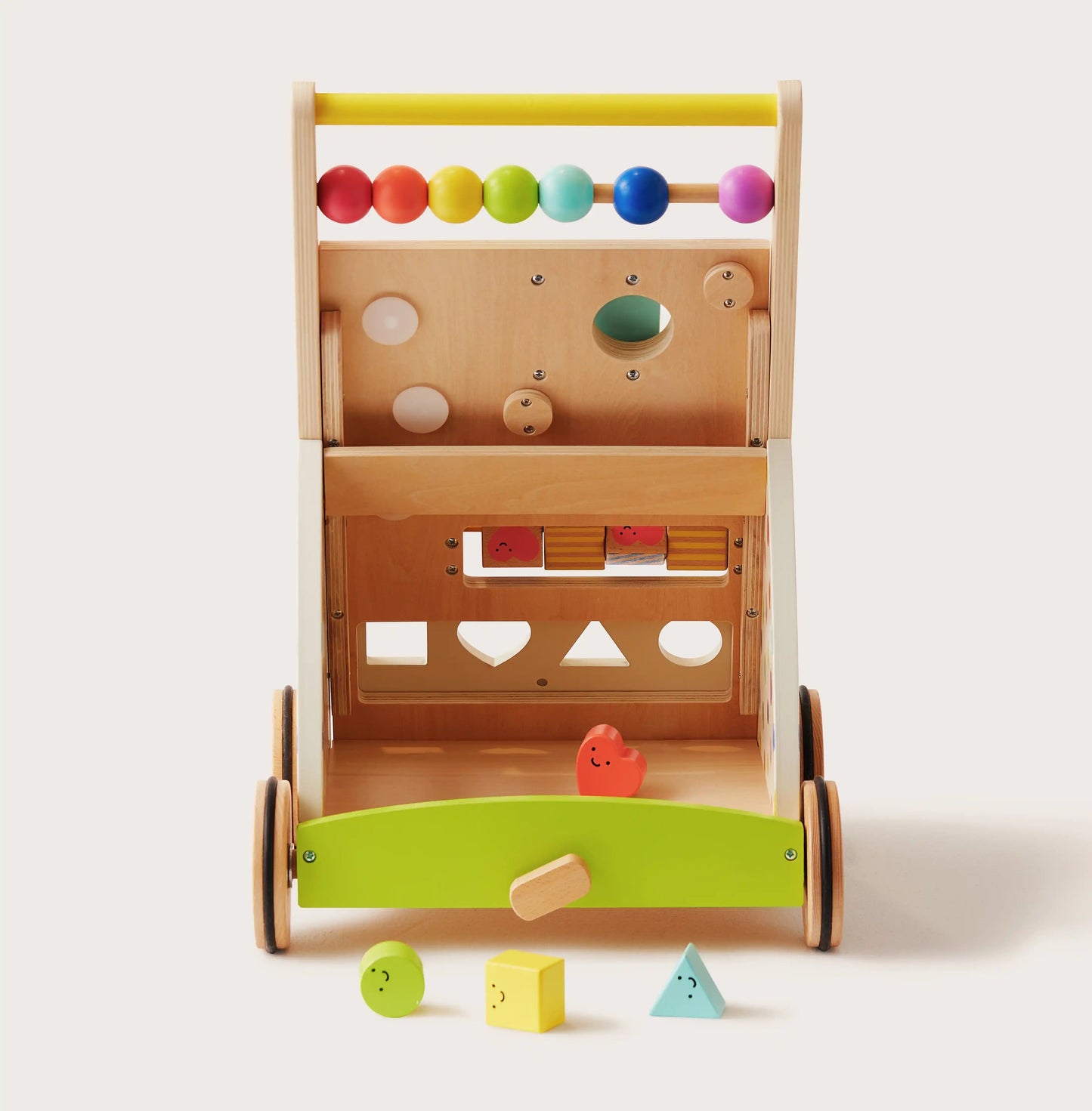 The Tiny Land® Premium Natural Wooden Activity Walker features colorful beads, spinning blocks, shape-sorting holes, and three loose shapes (yellow square, green circle, blue triangle), all set against a plain background.