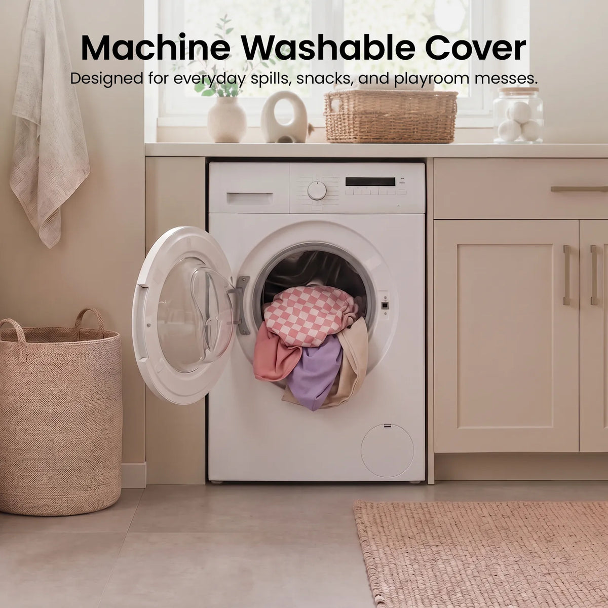 A white washing machine with colorful PlayNest Soft Foam Climbing Blocks – Violet spilling out of the open door, beneath text that reads, Machine Washable Cover: Designed for everyday spills, snacks, and playroom messes.