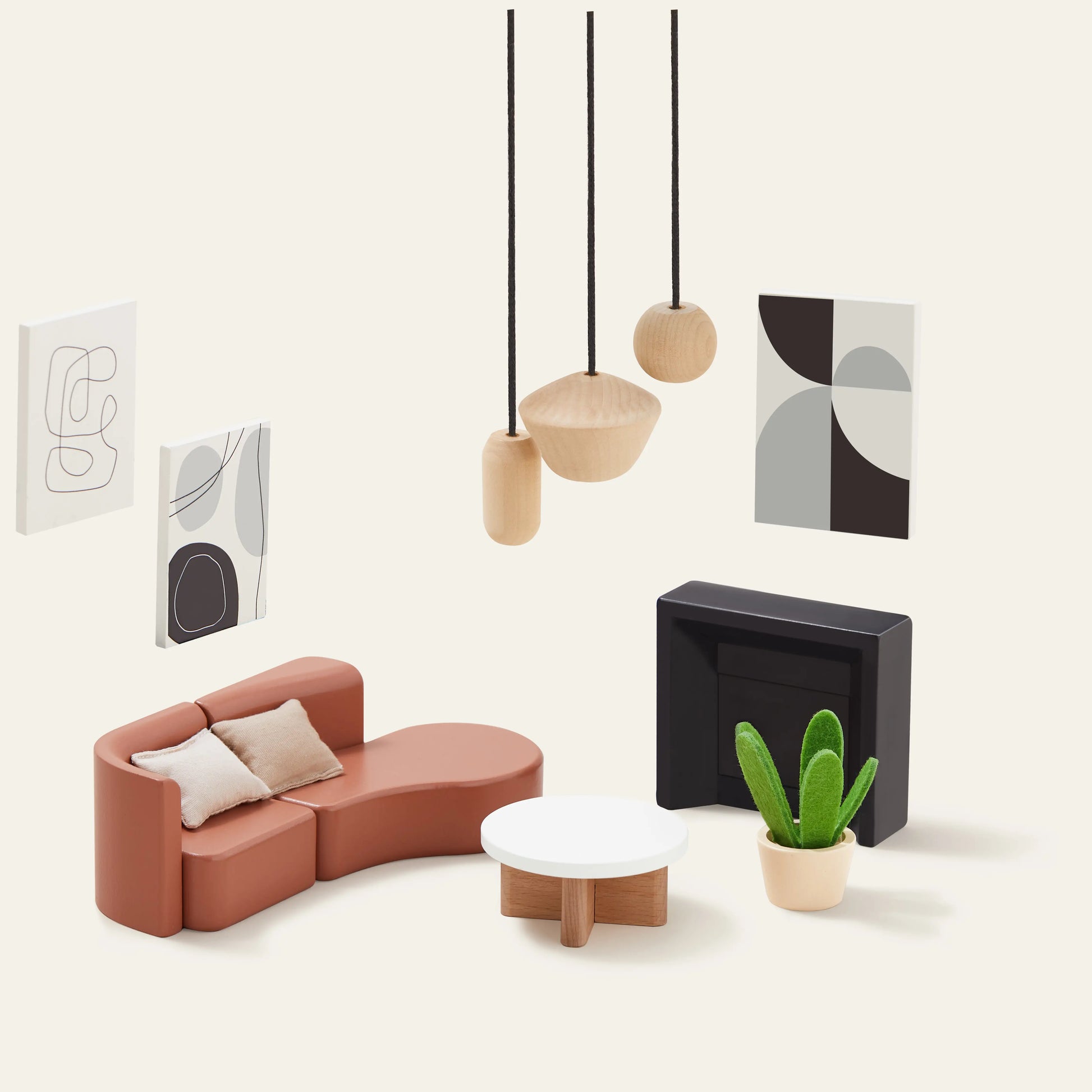 Create a contemporary scene in the Tiny Land® Sweetwood Edge Dollhouse with a curved brown sofa, white round table, black side table, potted plant, abstract wall art, and three wooden pendant lights.