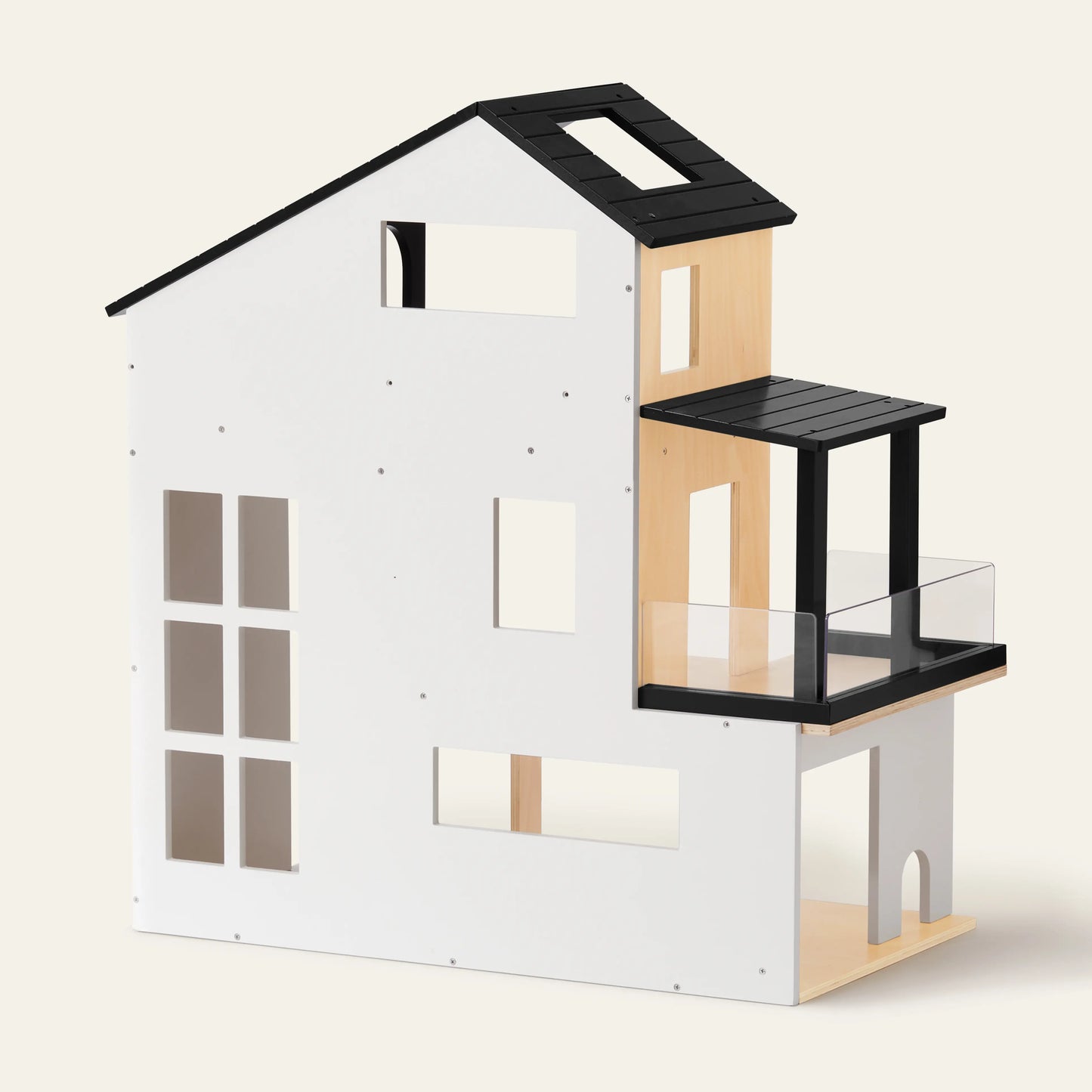 The Tiny Land® Sweetwood Edge Dollhouse features a white exterior, black roof, large windows, clear-railed balcony, and wood accents—ideal for anyone seeking a modern minimalist dollhouse with sleek contemporary style.