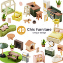 A collection of Sweetwood Cottage Dollhouse (48-pc Furniture) items in 1:12 scale, including wooden beds, kitchen appliances, chairs, a doghouse, and potted plants.