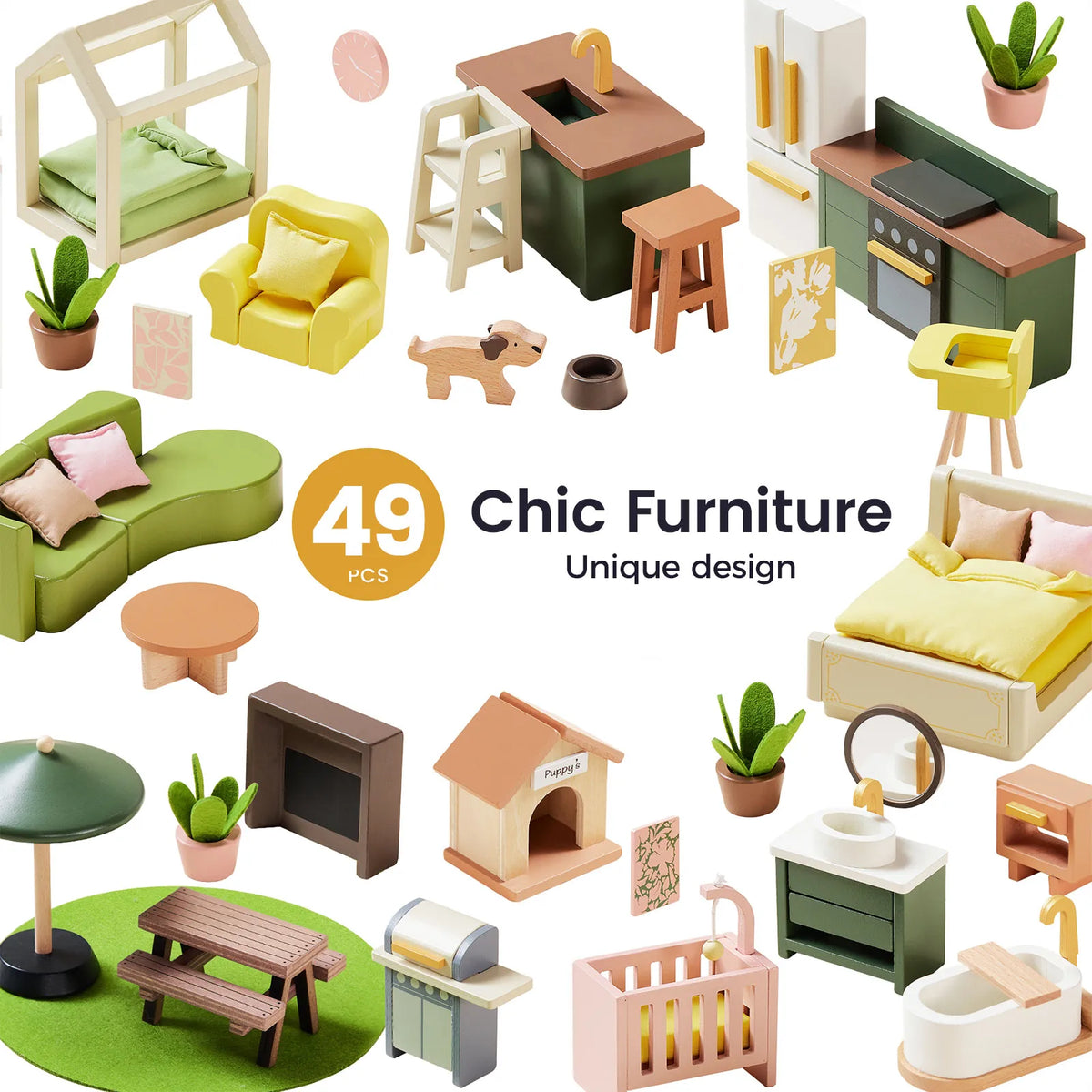 A collection of Sweetwood Cottage Dollhouse (48-pc Furniture) items in 1:12 scale, including wooden beds, kitchen appliances, chairs, a doghouse, and potted plants.
