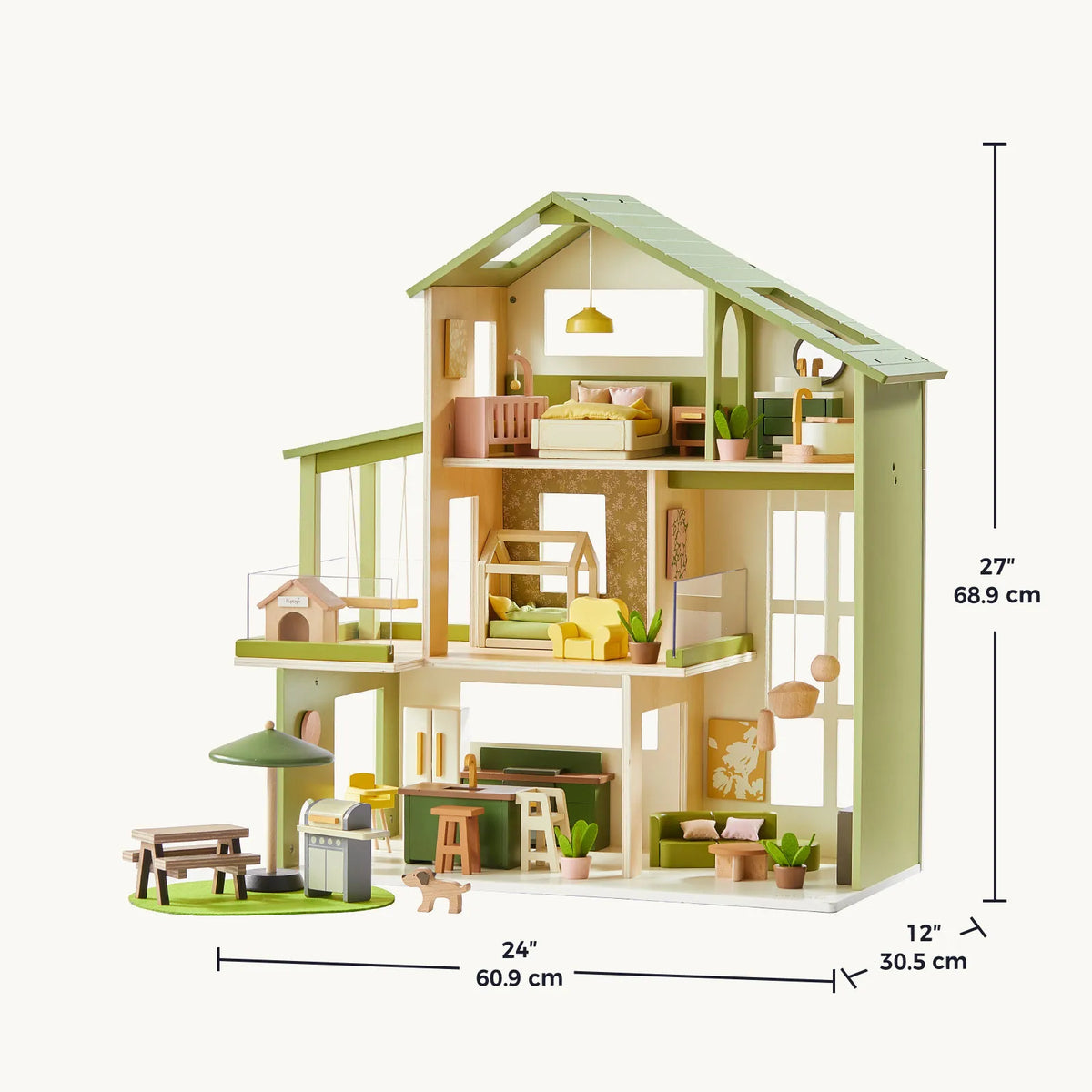 The Sweetwood Cottage Dollhouse (48-pc Furniture) is a 1:12 scale wooden dollhouse featuring open walls, furnished rooms, and a patio set, measuring 24 inches wide, 12 inches deep, and 27 inches tall.