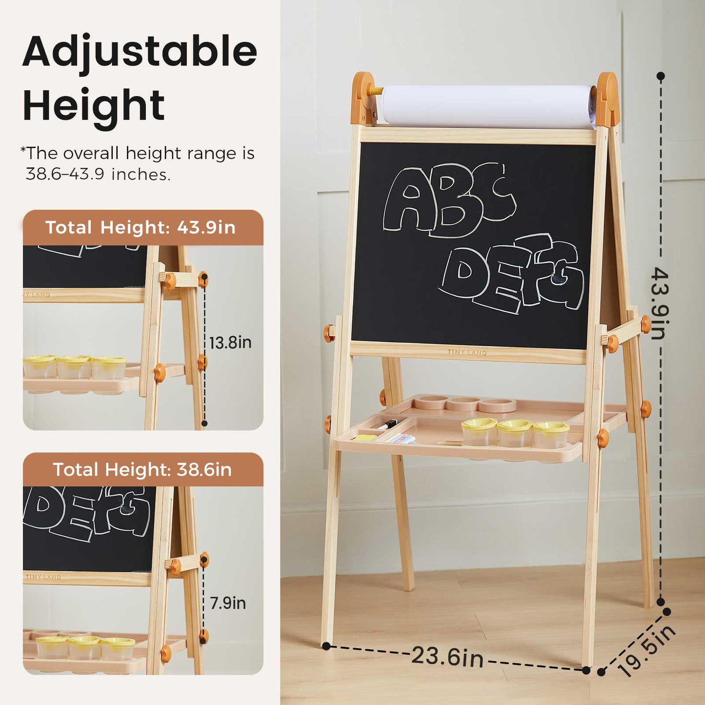 The Tiny Land® Magnitales Easel for Kids features a blackboard, paper roll, tray, and two adjustable heights (43.9" & 38.6"). Dimensions are labeled: "Adjustable Height." This easel is perfect for growing young artists.