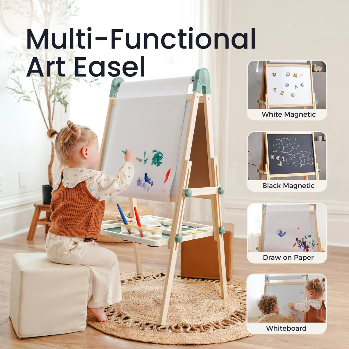 A child sits on a stool painting on a Magnitales Double-Sided Art Easel with a paper roll, with inset photos showing its magnetic whiteboard, chalkboard, and dry-erase functions.