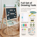 The Tiny Land® Magnitales Easel for Kids - Green is an adjustable easel with a blackboard, magnetic letters, a paper roll, paint cups, board eraser, paper clips, chalk, markers, and magnetic letter stickers for creative play.