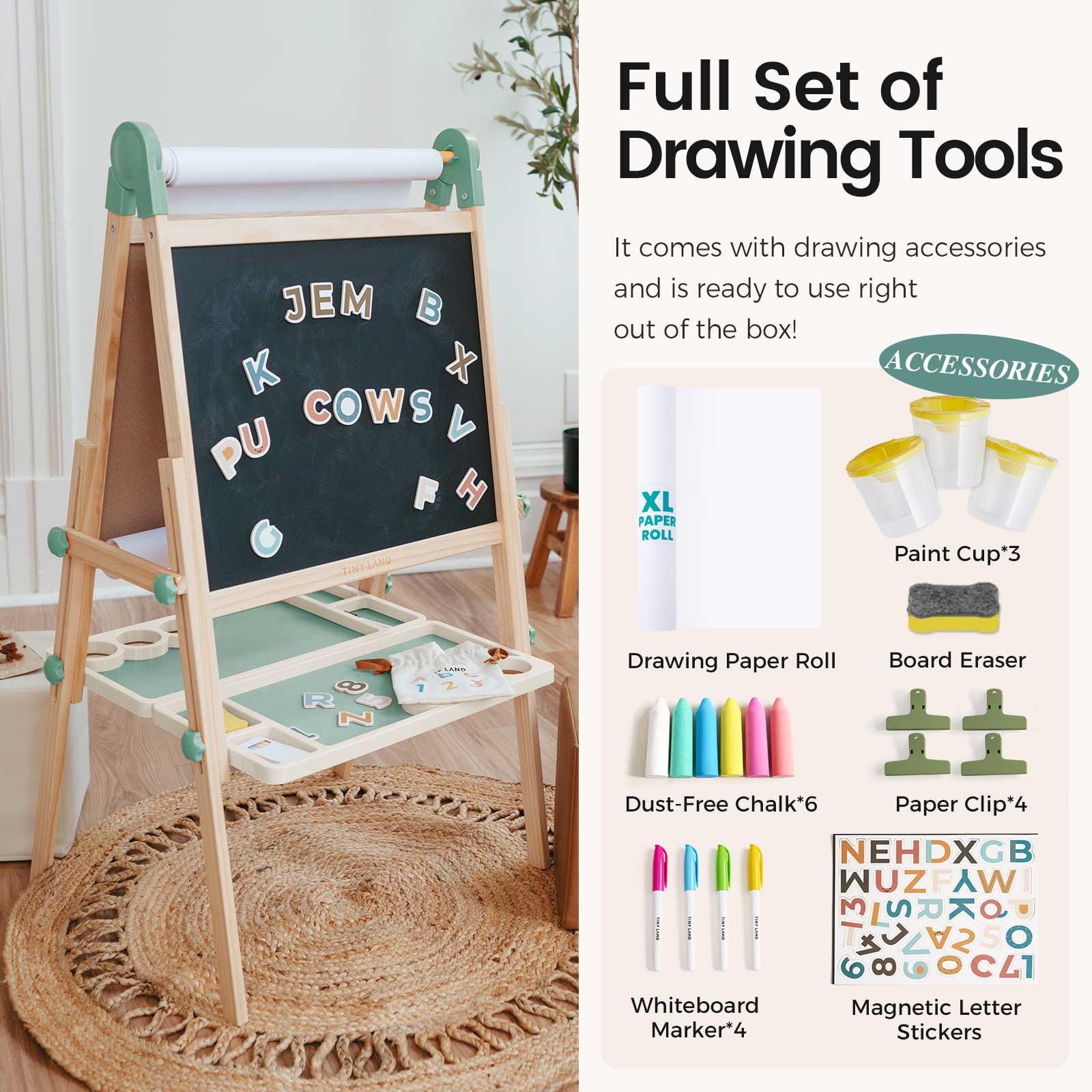 The Tiny Land® Magnitales Easel for Kids - Green is an adjustable easel with a blackboard, magnetic letters, a paper roll, paint cups, board eraser, paper clips, chalk, markers, and magnetic letter stickers for creative play.