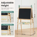 The Tiny Land® Magnitales Easel for Kids - Green is a wooden adjustable easel with a chalkboard, magnetic feature, and art supplies tray. Height adjusts to 38.6" or 43.9", shown in side-by-side images with labeled dimensions.