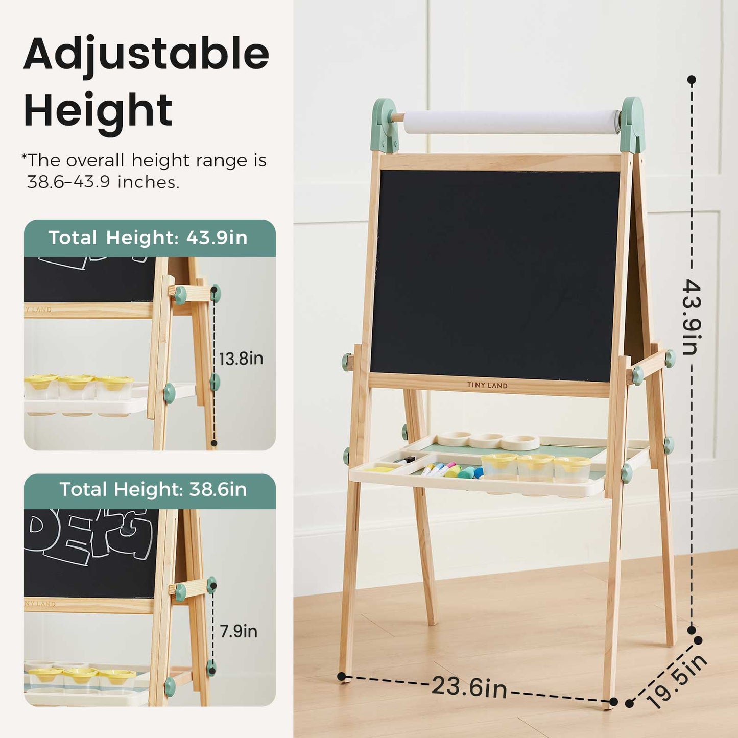 The Tiny Land® Magnitales Easel for Kids - Green is a wooden adjustable easel with a chalkboard, magnetic feature, and art supplies tray. Height adjusts to 38.6" or 43.9", shown in side-by-side images with labeled dimensions.