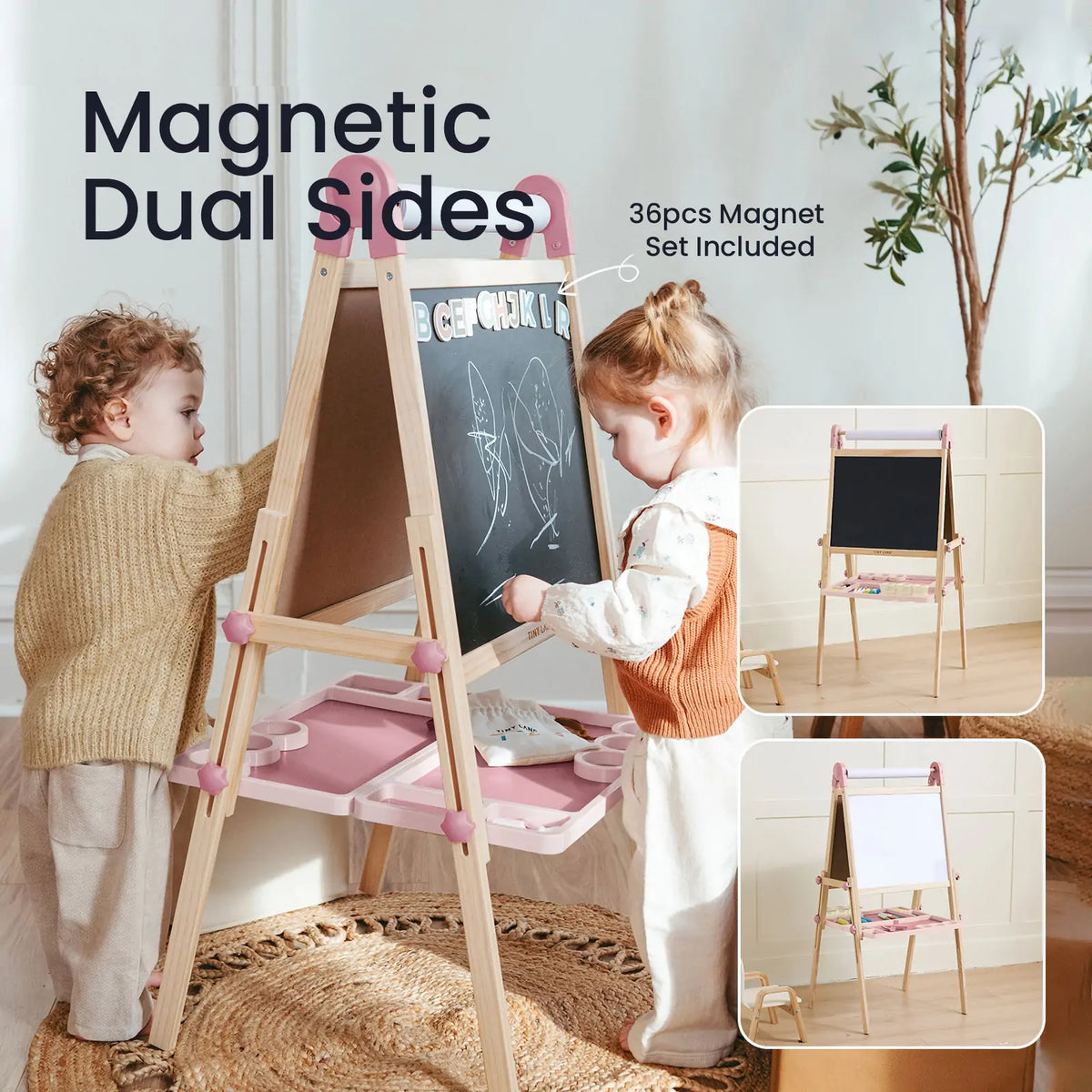Two children draw on a Magnitales Double-Sided Art Easel with Paper Roll, which features a magnetic whiteboard, chalkboard, paper roll, and 36-piece magnet set.