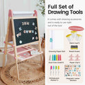 Magnitales Double-Sided Art Easel with Paper Roll featuring a chalkboard, magnetic whiteboard, and paint cups, chalk, markers, paper, clips, and magnetic letters.