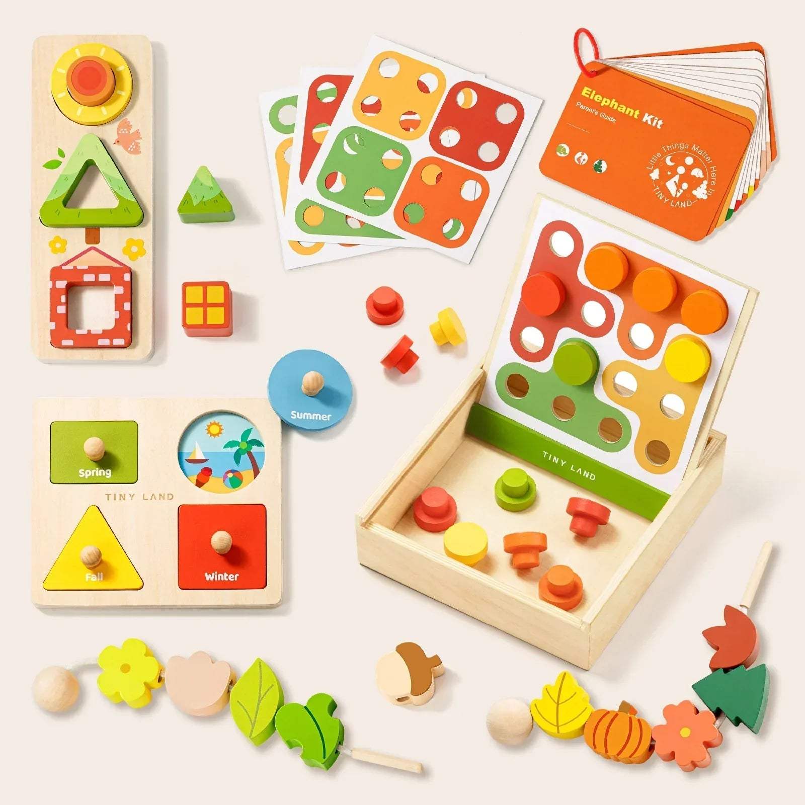 The Tiny Land® Montessori Toys for Toddlers set includes colorful shape and color matching boards, seasonal tokens, sorting cards, a wooden box, and illustrated activity cards for interactive early learning play.