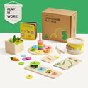 Tiny Land® Montessori Toys for Toddlers (13–15 Months) includes wooden toys, a drum, stacking rings, a shape sorter, carrot harvest toy, guidebooks, and a PLAY IS WORK! banner—perfect for early learning and development.