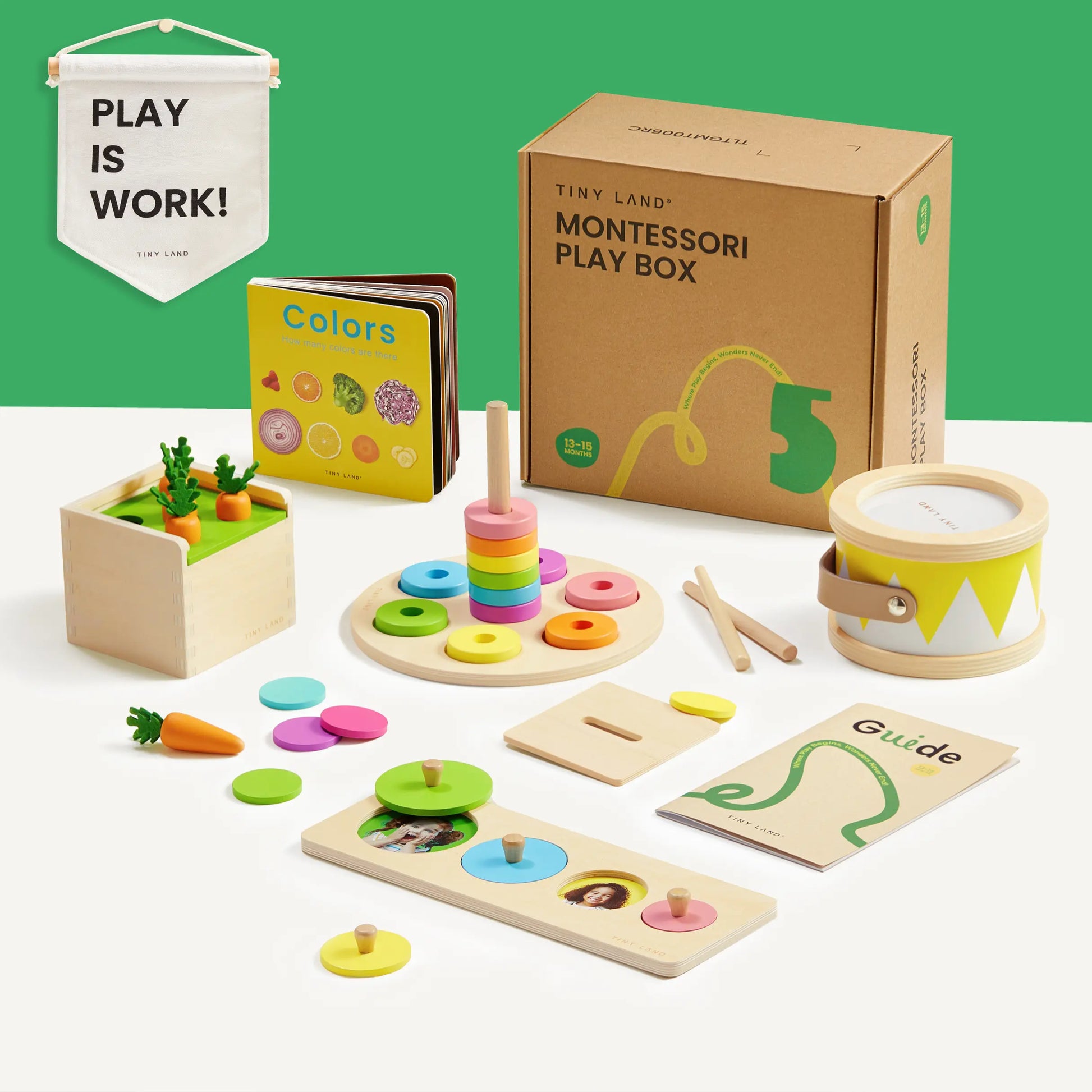 Tiny Land® Montessori Toys for Toddlers (13–15 Months) includes wooden toys, a drum, stacking rings, a shape sorter, carrot harvest toy, guidebooks, and a PLAY IS WORK! banner—perfect for early learning and development.