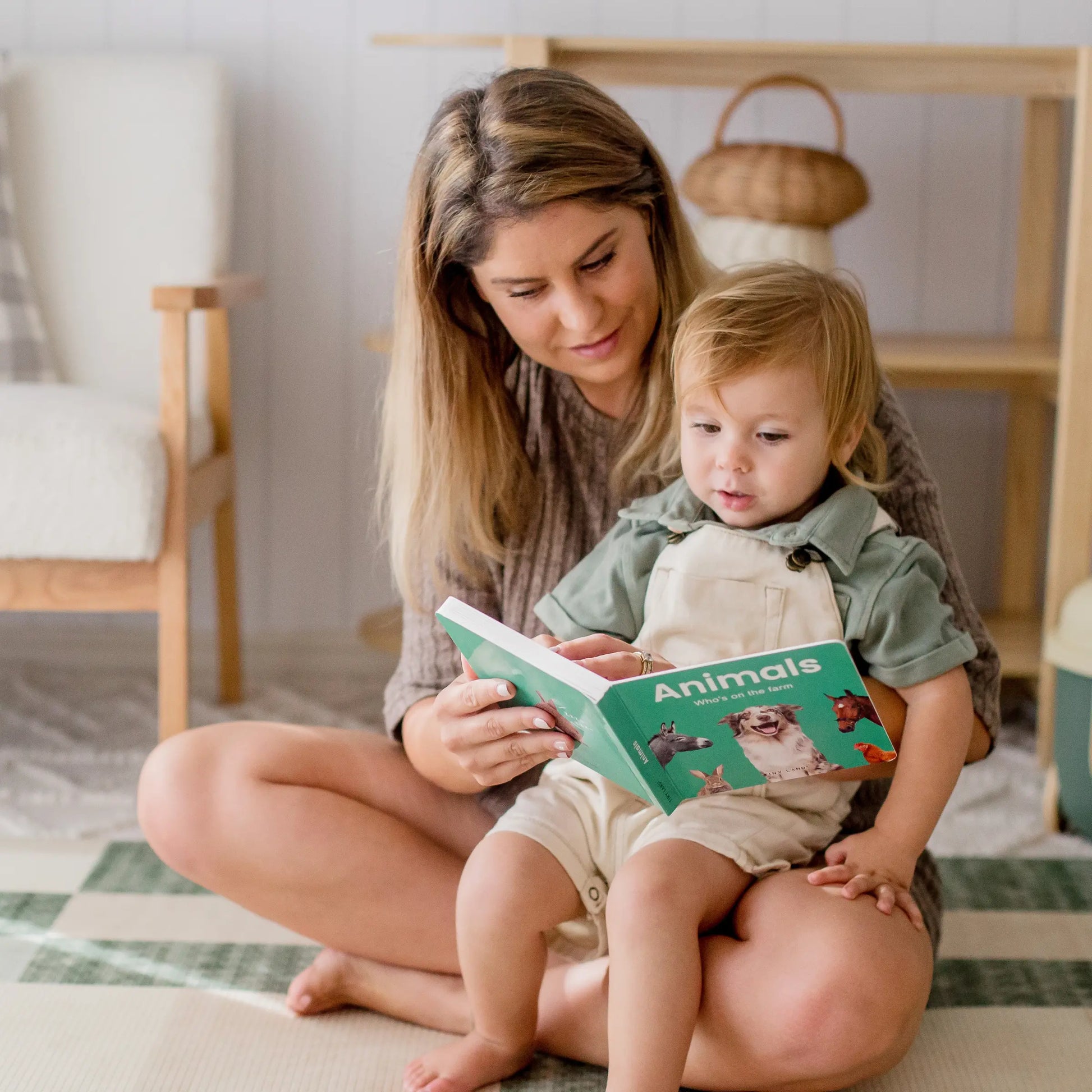 A woman reads to a 16–18 month old on her lap in a cozy room with a checkered rug. Nearby are Tiny Land® Montessori Toys for Toddlers (16–18 Months) – Montessori Educational Toys, along with other toddler learning items.