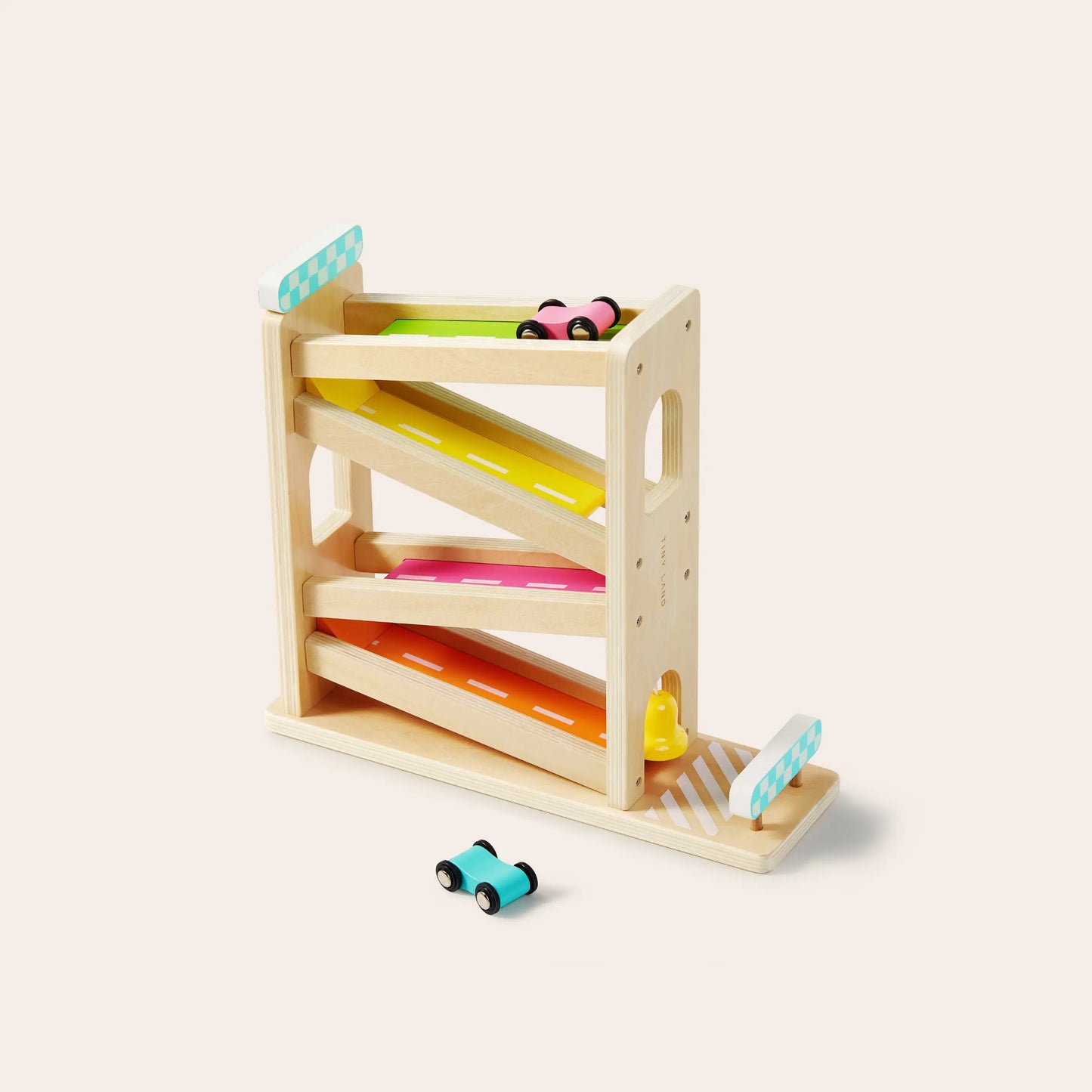 The Tiny Land® Montessori Toys for Toddlers (16–18 Months) features a wooden car ramp with four colorful tracks—yellow, pink, orange, and green—and includes a blue car. Perfect for Montessori Learning Box activities.