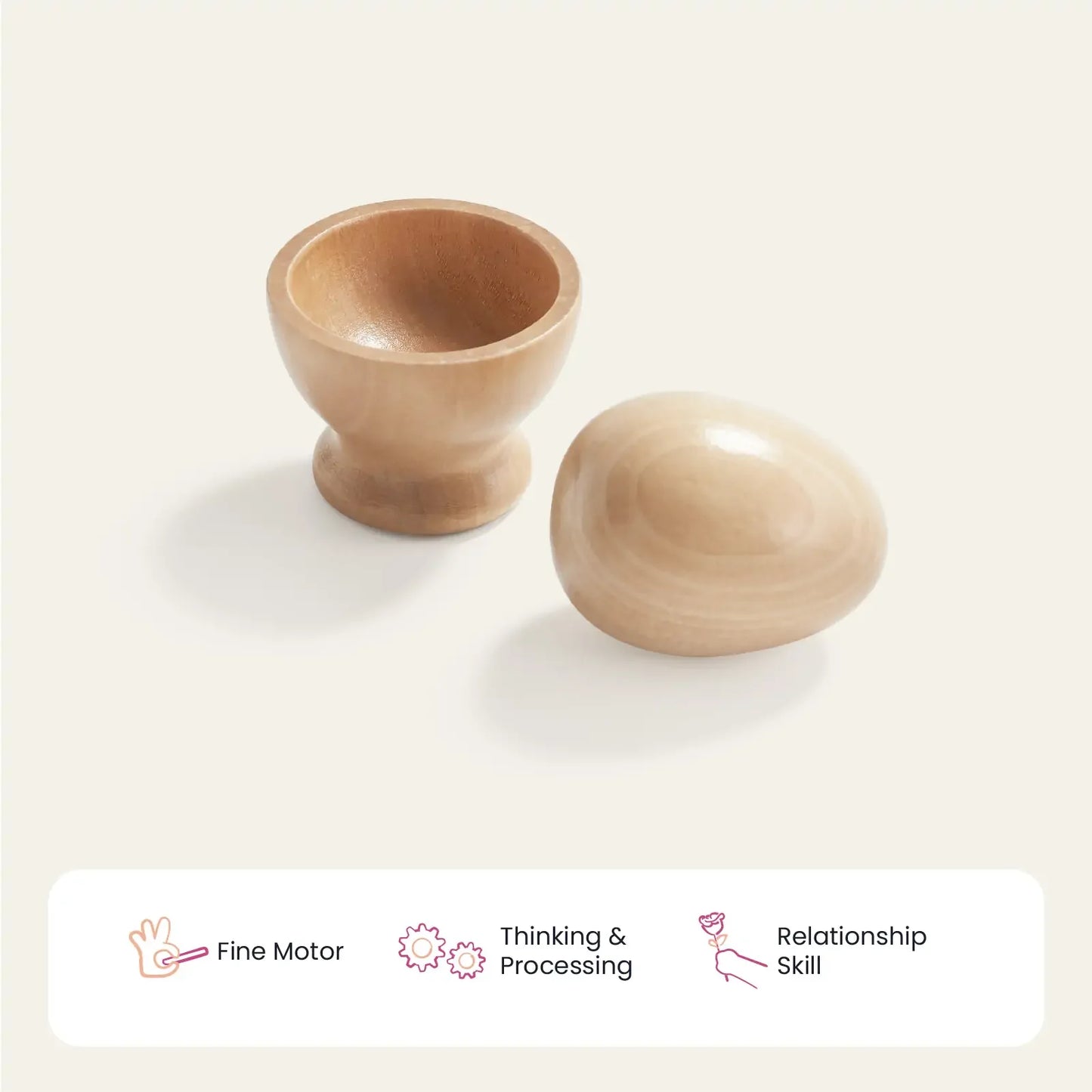 The Tiny Land® Montessori Toys for Infants (10–12 Months) wooden egg and cup set sits side by side on a light background, with icons and text below highlighting fine motor, thinking & processing, and relationship skills for baby development.