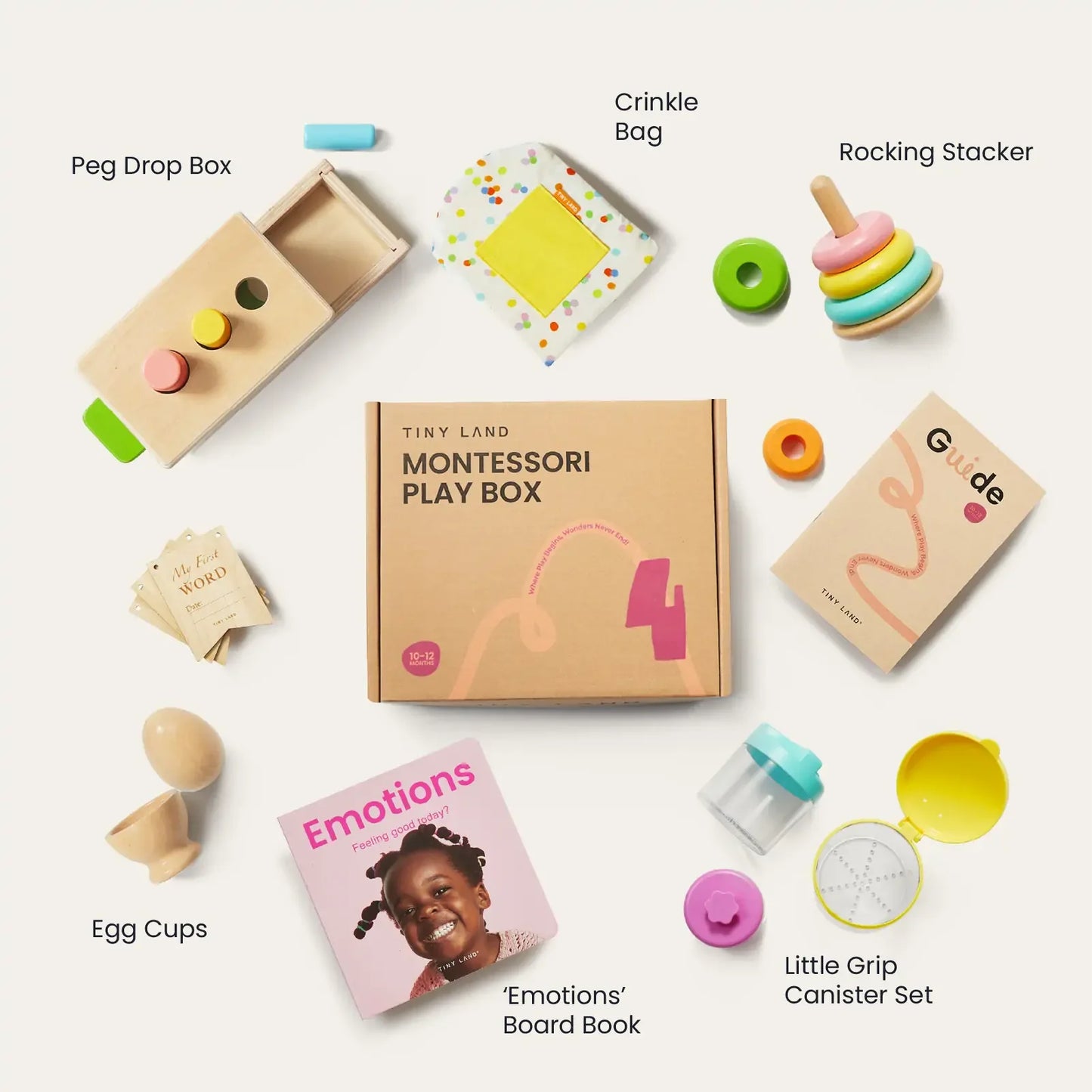 Flat lay of Tiny Land® Montessori Toys for Infants (10–12 Months): Peg Drop Box, Crinkle Bag, Rocking Stacker, Egg Cups, Emotions Board Book, Little Grip Canister Set, with Montessori playset and guide in the center.