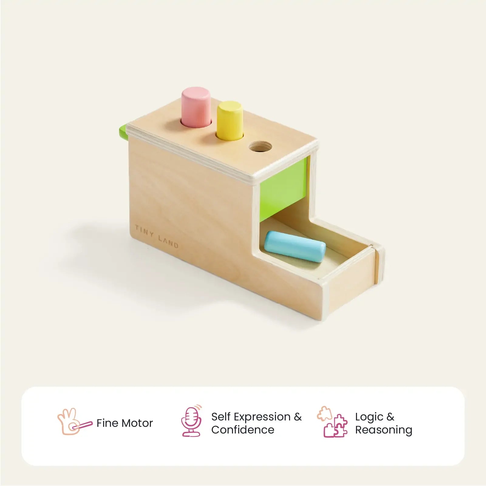 Tiny Land® Montessori Toys for Infants (10–12 Months) is a wooden playset with colored cylinders and slots, designed to build fine motor skills, self-expression, confidence, logic, and reasoning. Skill icons and labels appear below the toy.