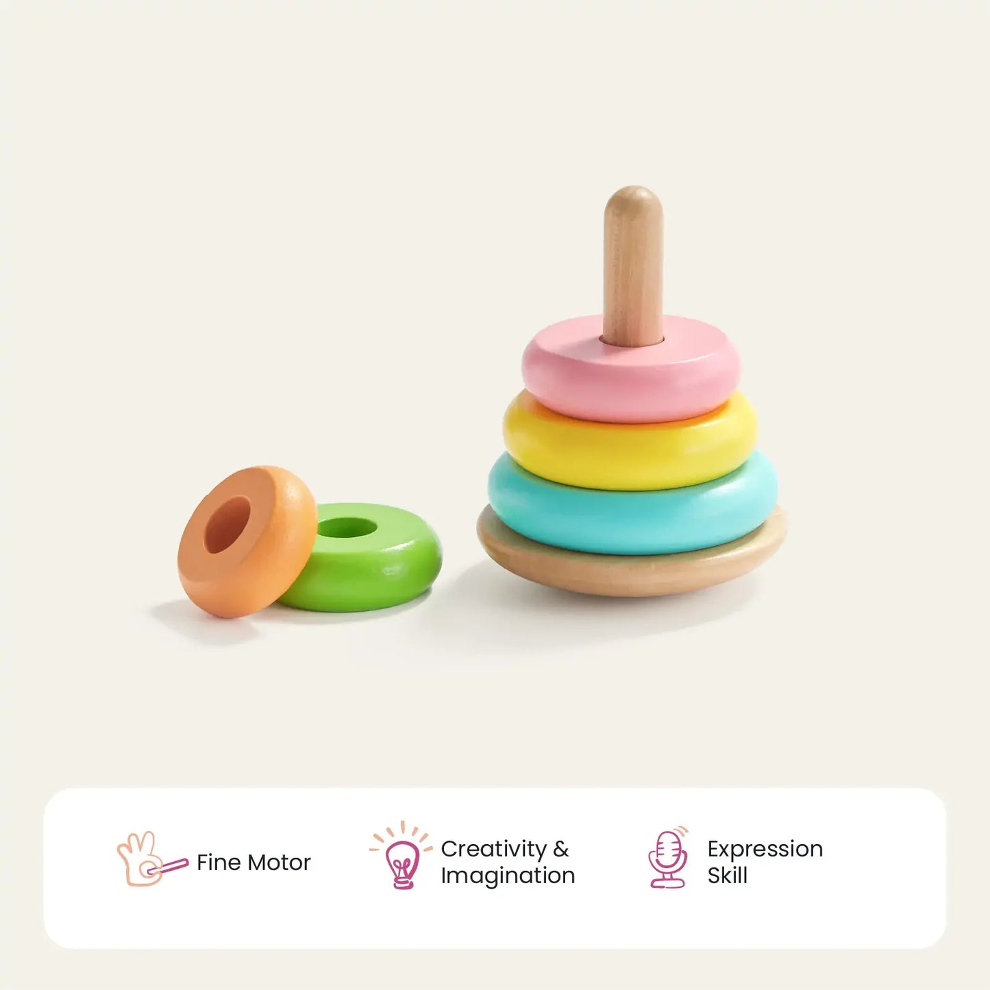 The Tiny Land® Montessori Toys for Infants (10–12 Months) feature a wooden playset with colorful rings on a peg and two beside it. Icons show benefits for fine motor, creativity & imagination, and expression—perfect baby development toys.