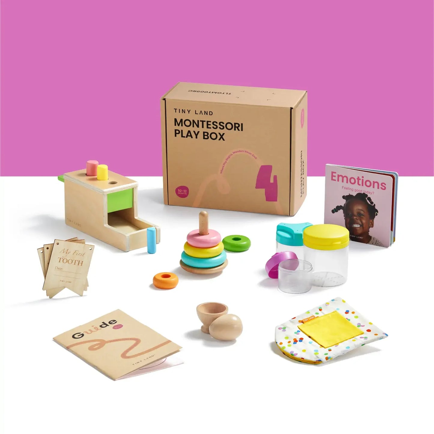 The Tiny Land® Montessori Toys for Infants (10–12 Months) set includes wooden toys, stacking rings, sensory jars, the Emotions book, activity cards, a guide, wooden eggs, and a cloth bag—ideal for baby development against a pink and white background.