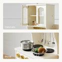 Two labeled images: the top features white kitchen cabinets with glass doors and spice shakers; the bottom shows the Tiny Land® Wooden Play Kitchen with Storage for Creative Toddlers, including a toy stove, cookware, play veggies, and hanging utensils.