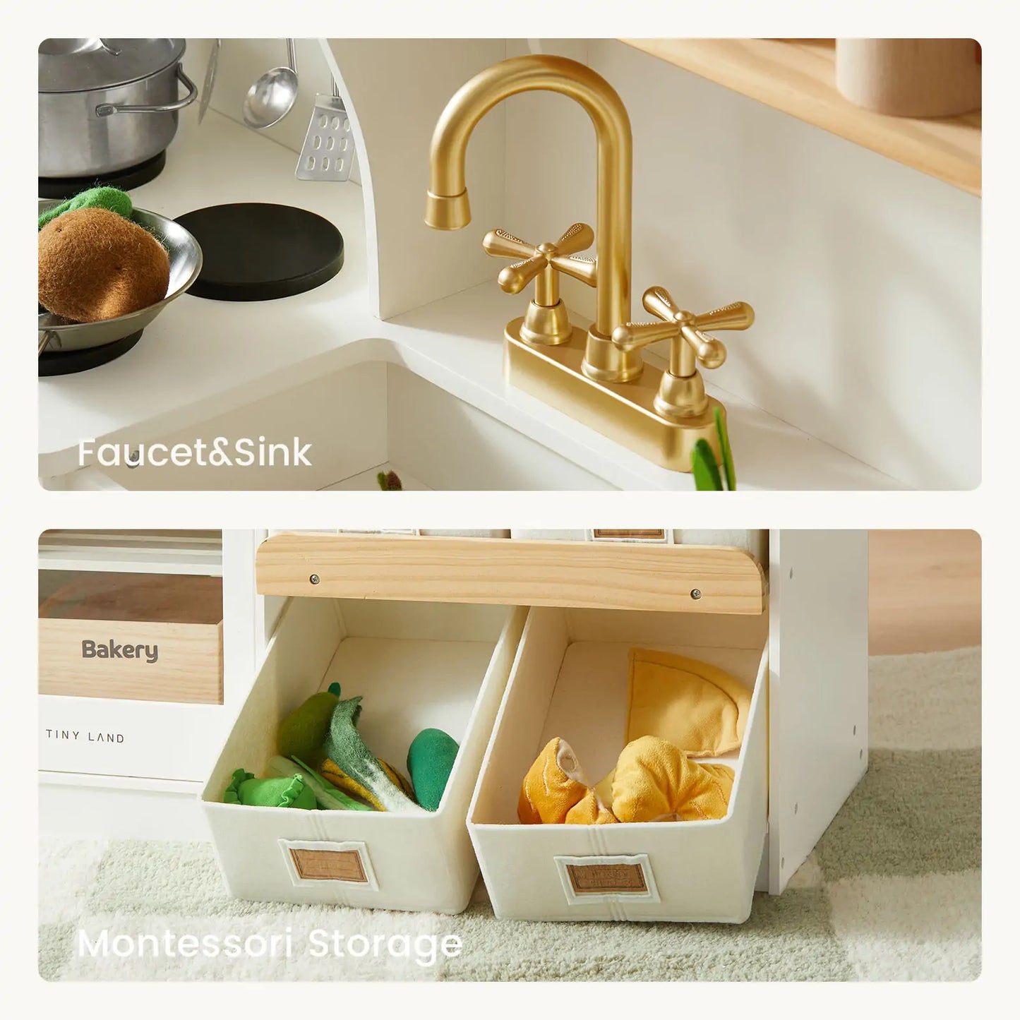 Top: Close-up of a toy gold faucet and sink. Bottom: Two fabric bins labeled “Montessori Storage” hold play food and cookware under the Tiny Land® Wooden Play Kitchen with Storage, making a fun, organized kids kitchen set.