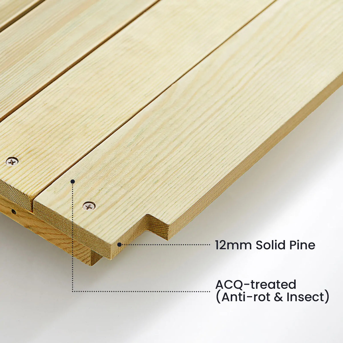 Close-up of 12mm ACQ-treated solid pine planks used for the DuoPlay Outdoor Mud Kitchen with Working Faucet, showing a durable wood texture resistant to rot and insects.