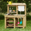DuoPlay Outdoor Mud Kitchen with Working Faucet on a grassy lawn, featuring a working faucet, sink, shelves, and various utensils for outdoor sensory play.