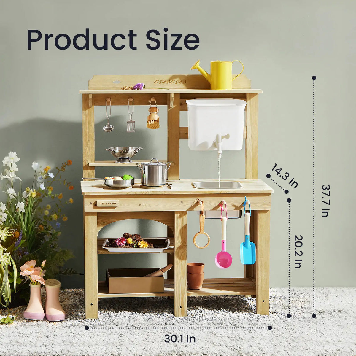 DuoPlay Outdoor Mud Kitchen with Working Faucet, a wooden kitchen with a sink, faucet, shelving, and play accessories, annotated with height and width dimensions for sensory play.