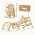 7-in-1 Montessori Climbing Set with Play Pad featuring a wooden Pikler triangle, a reversible slide and rock wall, and a curved arch, shown assembled and folded for storage with dimensions labeled throughout.