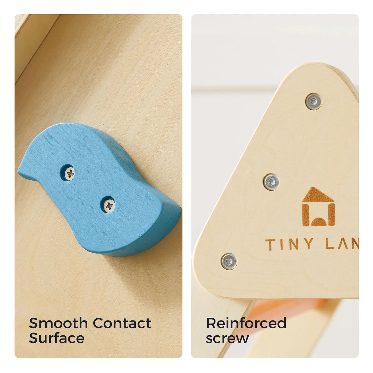 Side-by-side close-ups of the 7-in-1 Montessori Climbing Set with Play Pad – Rainbow, showing a blue, rounded climbing hold and a triangular wooden corner piece secured with a metal screw.