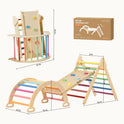 The Tiny Land® 7-in-1 Rainbow Climbing Set features colorful rungs, a curved climbing ramp, and a climbing wall. It’s shown assembled in two ways, with a brown box labeled "Pikler Triangle Set" in the background.
