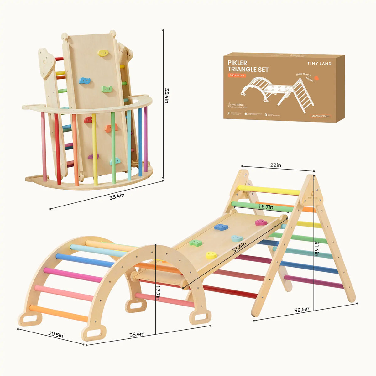 7-in-1 Montessori Climbing Set with Play Pad – Rainbow, featuring a rainbow-colored arched rocker, a Pikler triangle, and a reversible ramp with climbing holds, shown in two configurations with labeled dimensions and a product box.